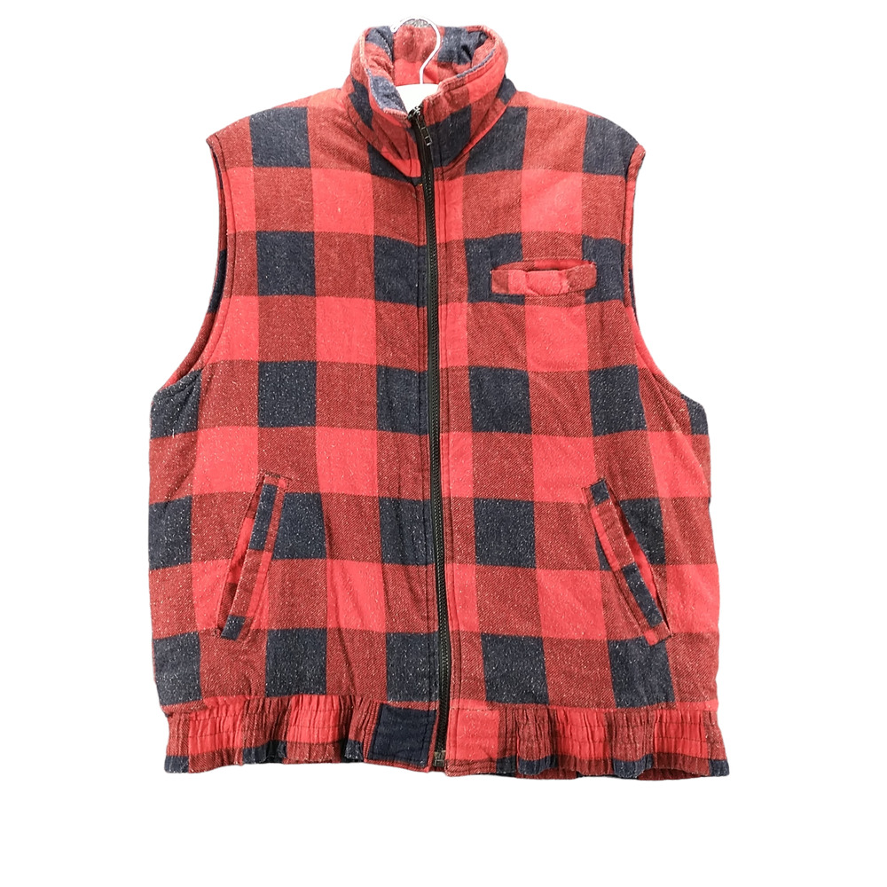 Branded Lion Men's Full Zip Vest Red Large Sleeveless Plaid Front Pocket Vintage
